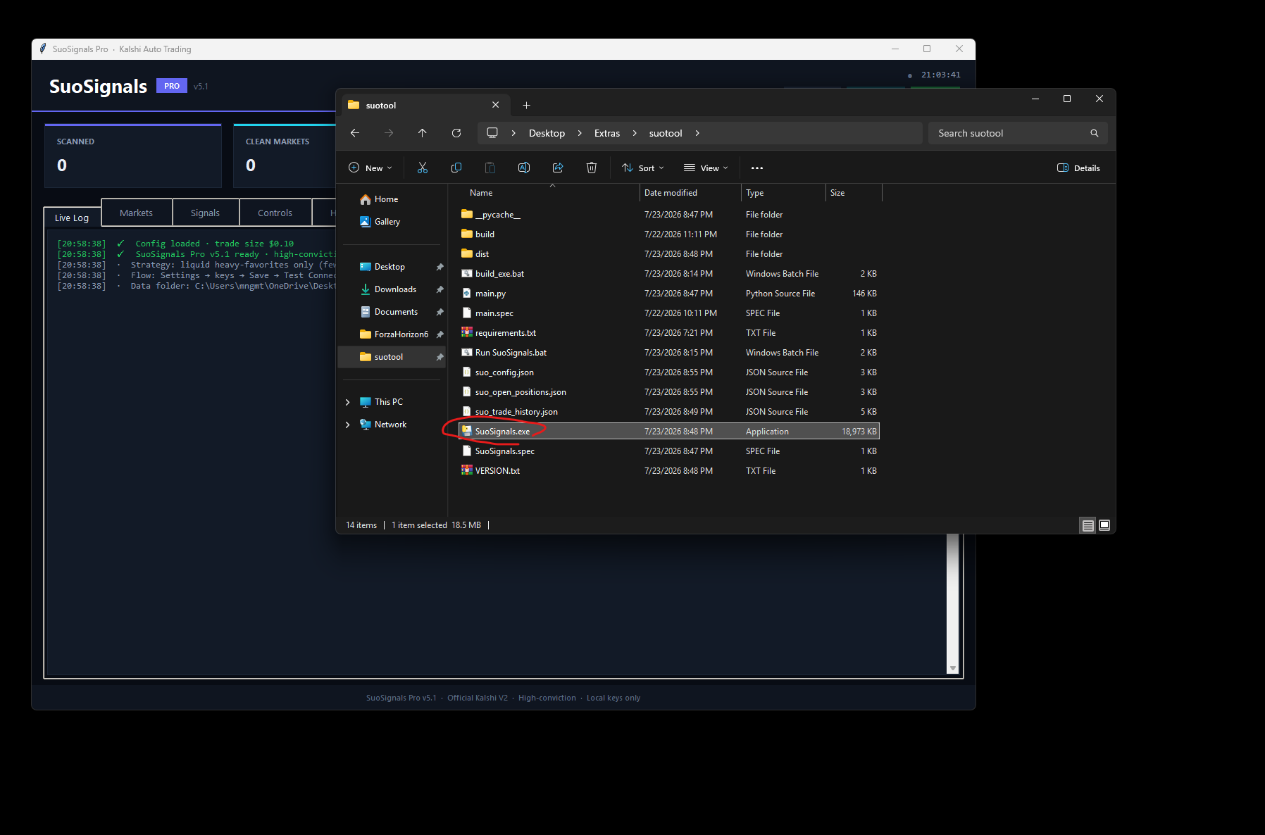 SuoSignals Pro desktop bot connected to Kalshi's official API, showing live scanning and high-conviction strategy